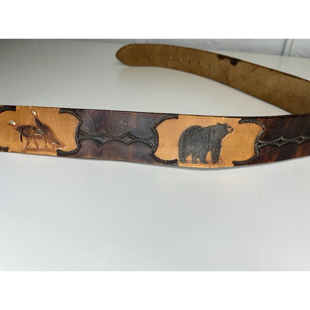 Steven L Knight Buckle Solid Bronze w/ Burned Leather Belt Turkey Bear Deer Hunt
